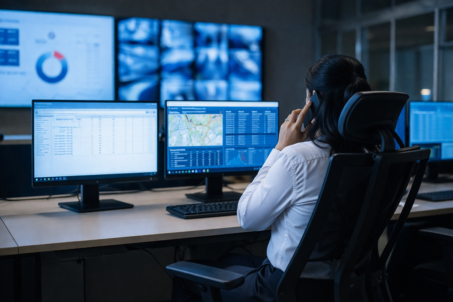 Centro de control logístico con dashboards